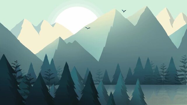 Animated mountain landscape with pine forest with serene mountain range