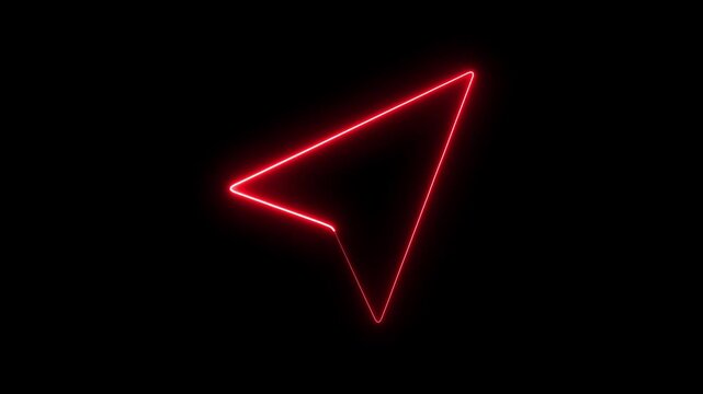Neon red navigation arrow glowing on black background, digital directional pointer animation