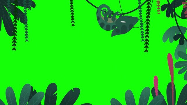 Animated cartoon chameleon hanging from tropical jungle vines with bird