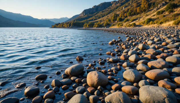 Scenic rocky shoreline along a calm lake featuring rolling mountains under a bright morning golden sun