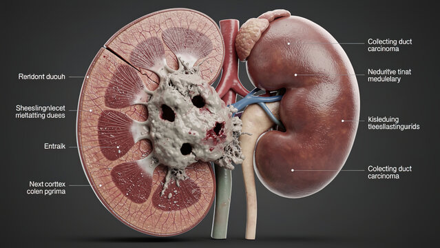 3D labeled medical illustration of bilateral kidneys with collecting duct carcinoma, cross-section view showing malignant tumor inside renal tissue