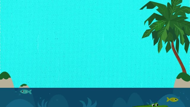 Animated cartoon crocodiles swimming in tropical water with palm trees