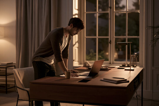 A man ends his remote workday at home, closing his laptop. Work-life balance and healthy boundaries concept