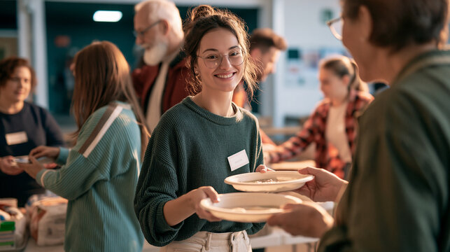 Diverse adults take part in a volunteer activity at a local community center. Kindness, mutual aid and collective community support