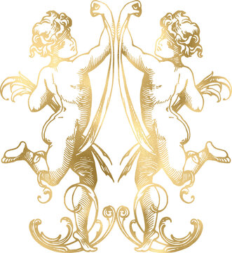Two golden cherub figures in symmetrical pose with ornate floral scrollwork on white background with symmetrical arrangement intricate scrollwork elements against symmetrical composition gold foil