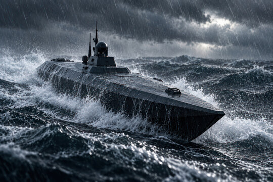 Autonomous stealth vessel navigating stormy ocean in heavy rain