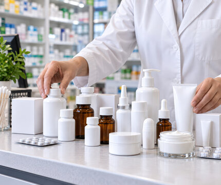Pharmacist Presenting Generic Medicine and Skincare Products in Modern Pharmacy