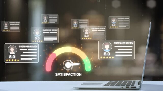 A futuristic robot hand interacts with customer feedback metrics displayed on a laptop, highlighting satisfaction and service evaluation in a modern digital workspace. Salient