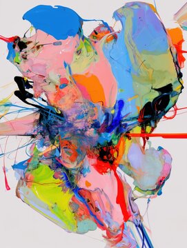 カラフルな抽象絵画のペイントが混ざり合っている様子。アート作品やデザイン素材に適した表現