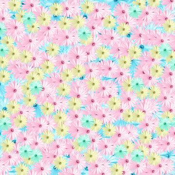 Top view of a dense floral pattern with dense pattern overlapping daisies soft pastel shades pink yellow mint green covers entire frame textured background vibrant vegetation decorative surface