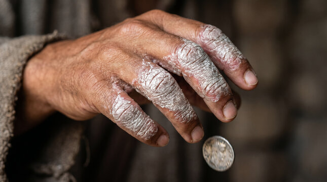 Gehazi, Elisha's greedy servant, turning white with leprosy as a punishment for taking silver and clothes from Naaman