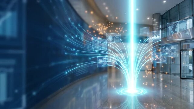 Technology networking concept glowing inside modern office building hallway with digital data streams and interface screens flowing through virtual space during business communication process.