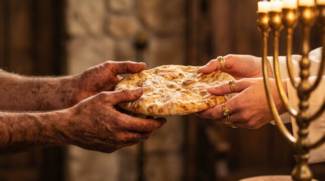 Ahimelech the priest handing the sacred Bread of the Presence to an exhausted, fleeing David at the sanctuary of Nob