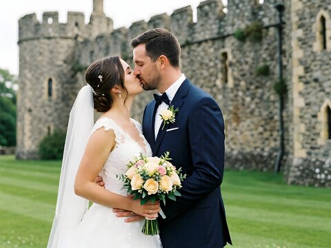 Romantic wedding portrait of a newlywed bride and groom kissing outdoors against an ancient historic stone castle wall on their marriage day.