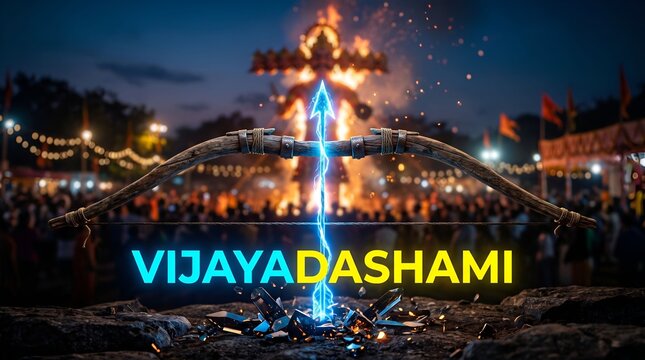 Vijayadashami festival celebration concept with glowing neon energy bow and arrow, and blurred burning effigy of demon king Ravana in the background.
