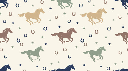 Fototapeta premium Seamless vector pattern with galloping horses and horseshoes in vintage retro colors