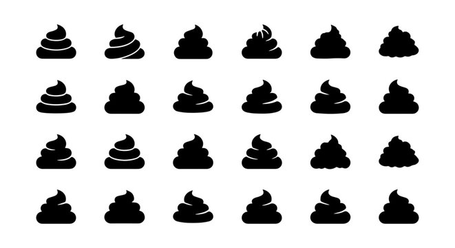 25 Black Poop Icons, Vector Set: Funny Symbols for Humor, Emojis, and Graphic Design