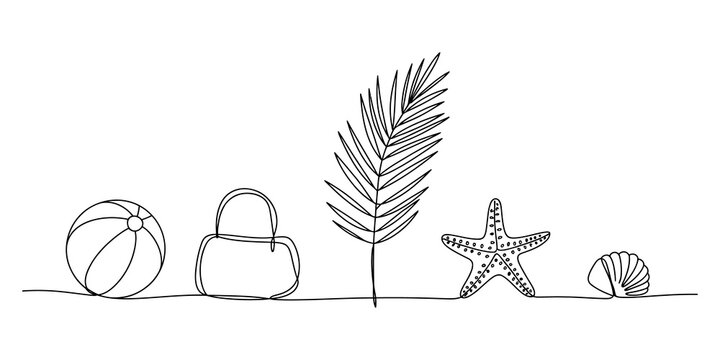 Continuous line drawing Summer vacation items with beach ball bag palm leaf starfish and sea shell