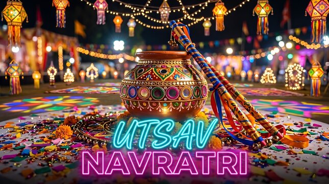 Navratri festival celebration concept with decorated clay pot matka, garba dandiya sticks, colorful rangoli, and hanging lanterns under festive night lights.
