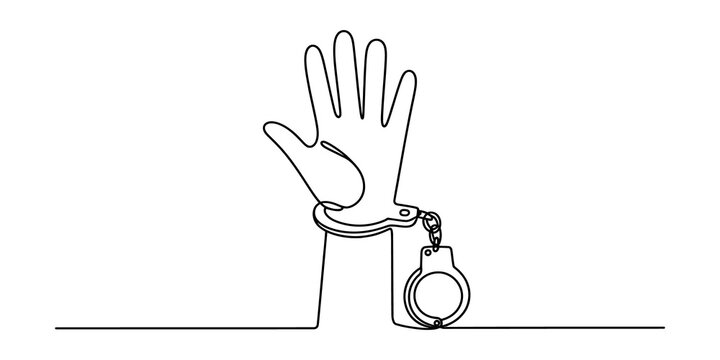 Continuous single line drawing of a human hand trapped in metal handcuffs