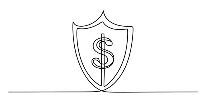 Continuous single line drawing of a shield with a dollar sign symbol