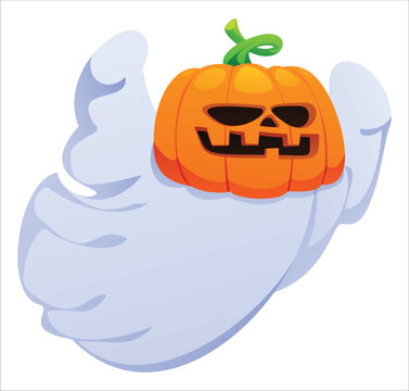 Ghost character with a jack o lantern pumpkin head for Halloween. Vector cartoon illustration