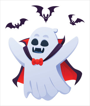 Cute vampire ghost character wearing a cape with fangs surrounded by flying bats. Vector cartoon illustration