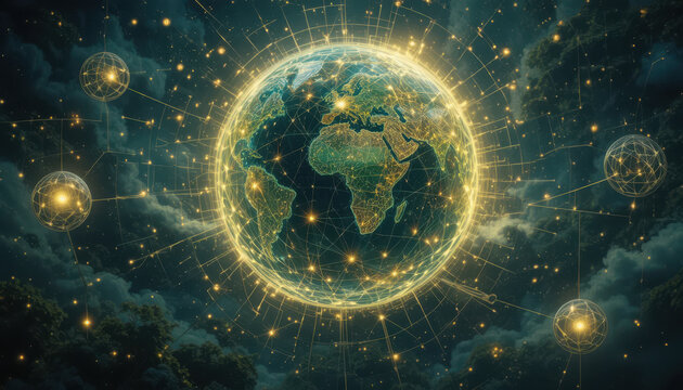Glowing digital earth globe showing interconnected networks with bright golden light beams against dark moody clouds