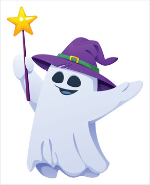 Wizard ghost character wearing a purple hat and waving a star magic wand for Halloween. Vector cartoon illustration