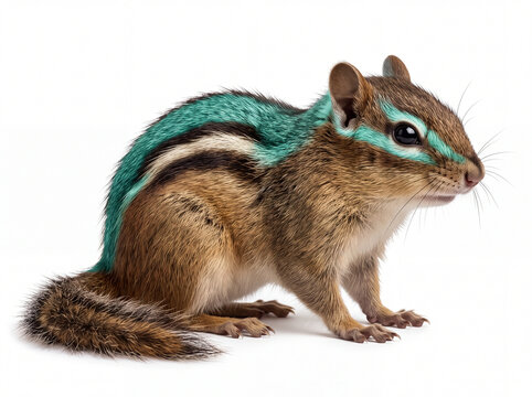Cute chipmunk with teal colored fur stripe isolated on white