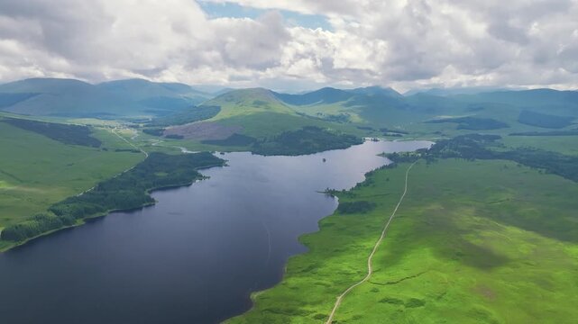 Loch Tulla and Beinn Dorain from a drone, Glen Coe, Highlands, Scotland, United Kingdom