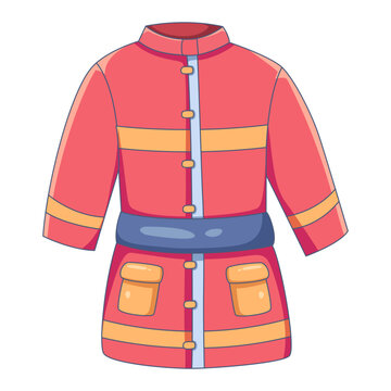 firefighting uniform for emergency services and rescue operations depicted with Red firefighter protective turnout jacket with yellow reflective stripes and belt.