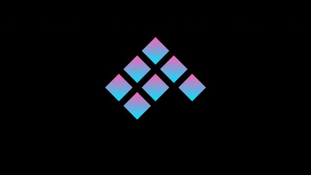 Seven cyan and pink squares moving in a snake-like path around a diamond-shaped loader, with visible spacing between each square for a clean continuous loop.