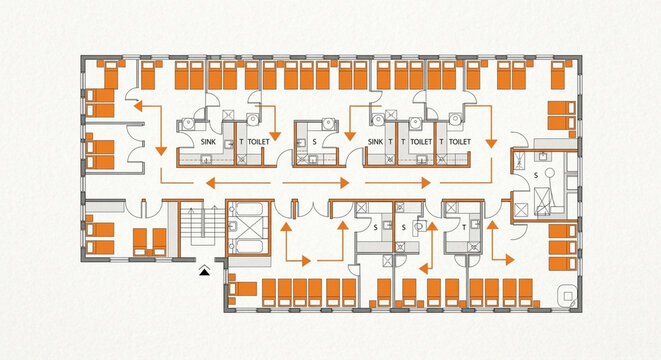 Detailed Floor Plan Layout For A Busy Dormitory Or Hostel Residential Building Design