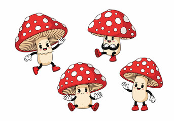 Fototapeta premium Cartoon Mushrooms with Red Caps and White Spots