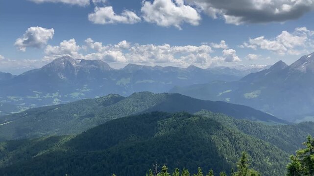 Panorama of the Berchtesgaden Alps from Hoher G&ouml;ll via Watzmann to Hochkalter, without sound, seen from the Lattengebirge, Ramsau, Bavaria, Germany