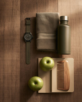 Minimal men&rsquo;s wellness still life with a water bottle, green apple and sports towel. Modern composition about health and an active lifestyle