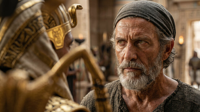 Moses and Aaron standing boldly before a furious Pharaoh, demanding Let my people go in the grand throne room