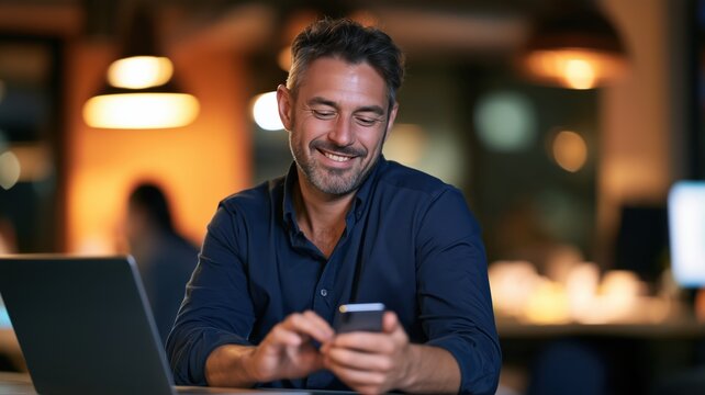 笑顔の男性がスマートフォンを操作している姿。夜のオフィスでリラックスしたビジネスシーンやコミュニケーション用途