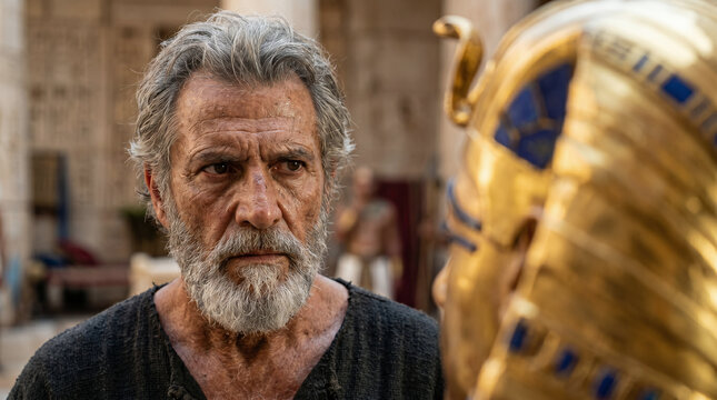 Moses and Aaron standing boldly before a furious Pharaoh, demanding Let my people go in the grand throne room