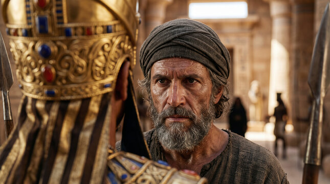 Moses and Aaron standing boldly before a furious Pharaoh, demanding Let my people go in the grand throne room