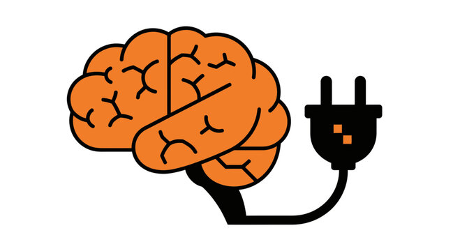 Brain Power and Mental Energy Illustration: Human Brain with Electric Plug for Intelligence, Ideas, and Innovation Concept