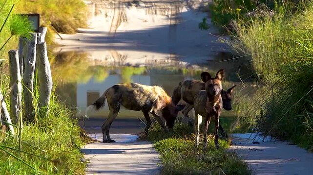 African wild dogs (Lycaon pictus) pack on a track, Moremi National Park, Botswana
