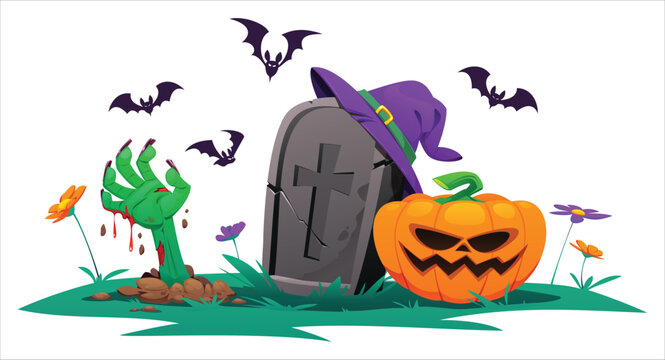 Zombie hand rising from ground near tombstone with witch hat and scary pumpkin. Vector cartoon illustration