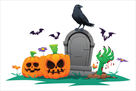 Black raven perched on tombstone near pumpkins and zombie hand in graveyard. Vector cartoon illustration