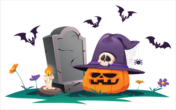 Scary carved pumpkin wearing witch hat near tombstone and burning candle. Vector cartoon illustration