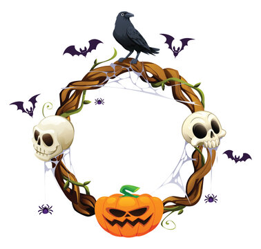 Halloween circular branch wreath frame featuring crow, pumpkins, skulls, bats, and spider webs. Vector cartoon illustration