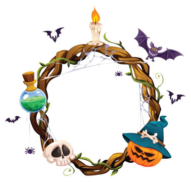 Spooky Halloween wreath frame with potion bottle, candle, witch hat pumpkin, skull, and bats. Vector cartoon illustration