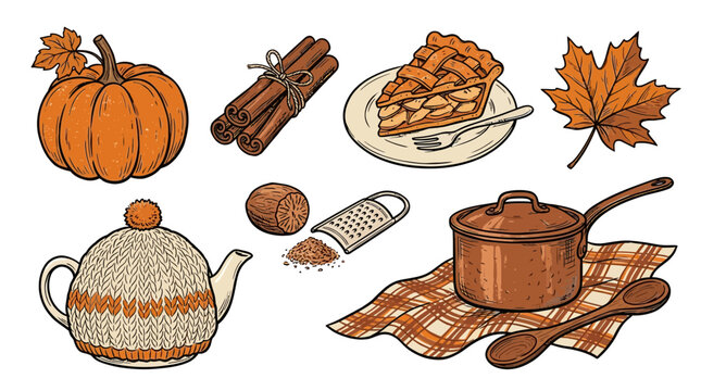 Hand Drawn Autumn Kitchen Collection with Pumpkin Pie Cinnamon Spices and Cozy Tea Kettle