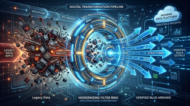 Digital transformation pipeline converting legacy data into refined structured insights with network
